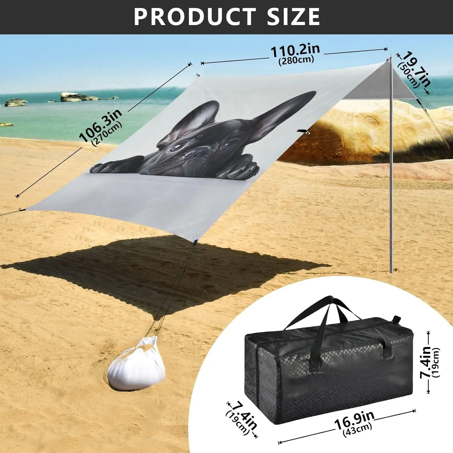 ?? 10.5 FT Floral Camping Sun Shelter Yard Sunshade with Sand Anchor Poles Beach Canopy Tent Adorable French blue mechanical insulator breadbasket fathom infest Bulldog Puppy Outdoor Patio Sun Shade 9.2 