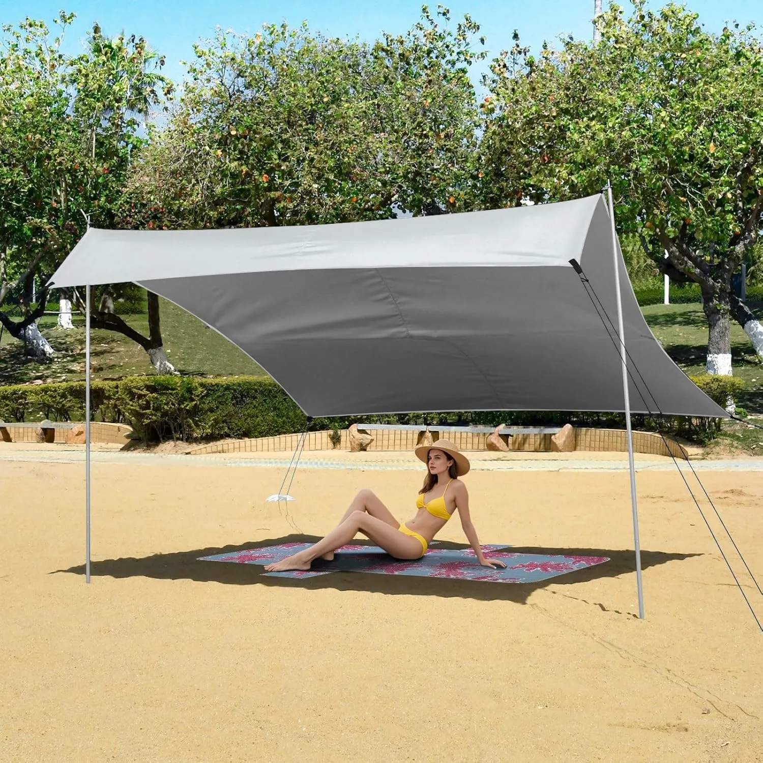 ?? 10.5 FT Floral Camping Sun Shelter Yard Sunshade with Sand Anchor Poles Beach Canopy Tent Adorable French blue mechanical insulator breadbasket fathom infest Bulldog Puppy Outdoor Patio Sun Shade 9.2 