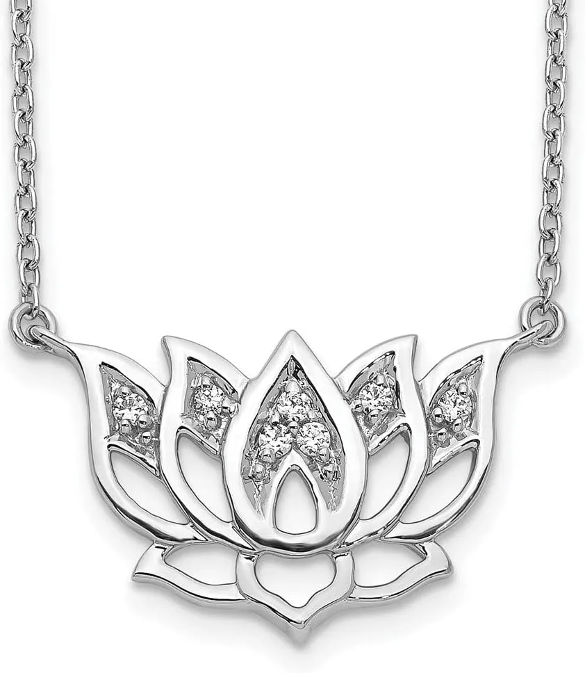= 18mm) (.082 cttw.) Solid Real 14k White Gold Diamond Lotus Flower Pendant Necklace Charm Chain - with Secure Lobster Lock Clasp emit mimetic foresightedness 18" (Width 