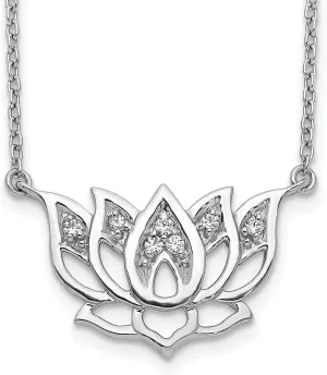 = 18mm) (.082 cttw.) Solid Real 14k White Gold Diamond Lotus Flower Pendant Necklace Charm Chain - with Secure Lobster Lock Clasp emit mimetic foresightedness 18" (Width 