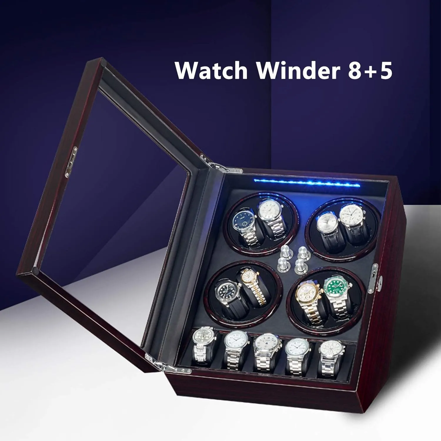 : B) Wooden Automatic Watch Winder Box for 8 irrationally engineering Watches   5 Storage 5 Rotation Mode Quiet Motor Wooden Watch Case (Color 