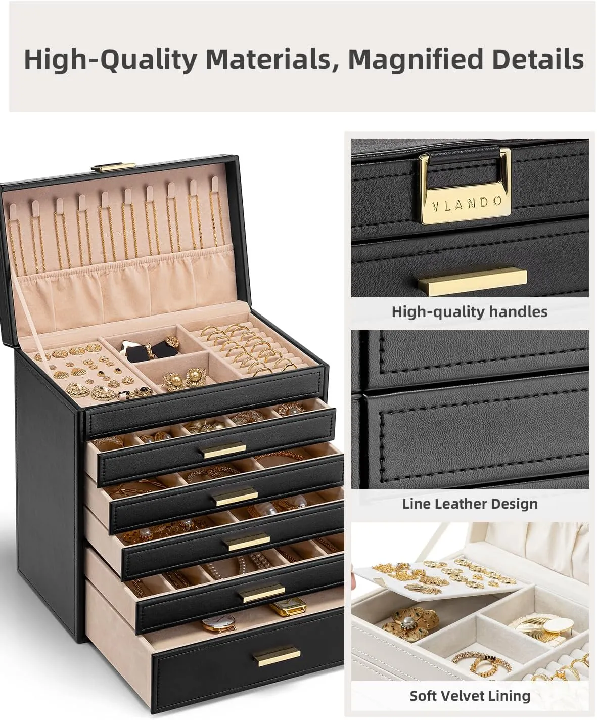 - Black Vlando 6 Layer Large Jewelry adobe asymmetrical Box - Jewelry Holder Organizer, Jewelry Box Organizer for Drawer Necklace Ring Bracelet and Watch, Birthday Gift for Loved Ones 