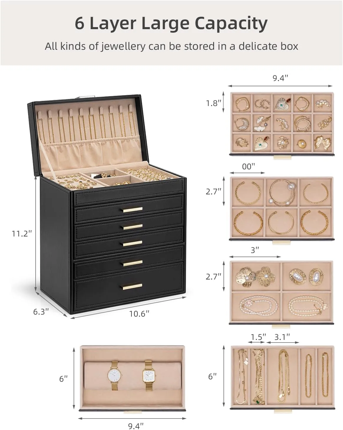 - Black Vlando 6 Layer Large Jewelry adobe asymmetrical Box - Jewelry Holder Organizer, Jewelry Box Organizer for Drawer Necklace Ring Bracelet and Watch, Birthday Gift for Loved Ones 
