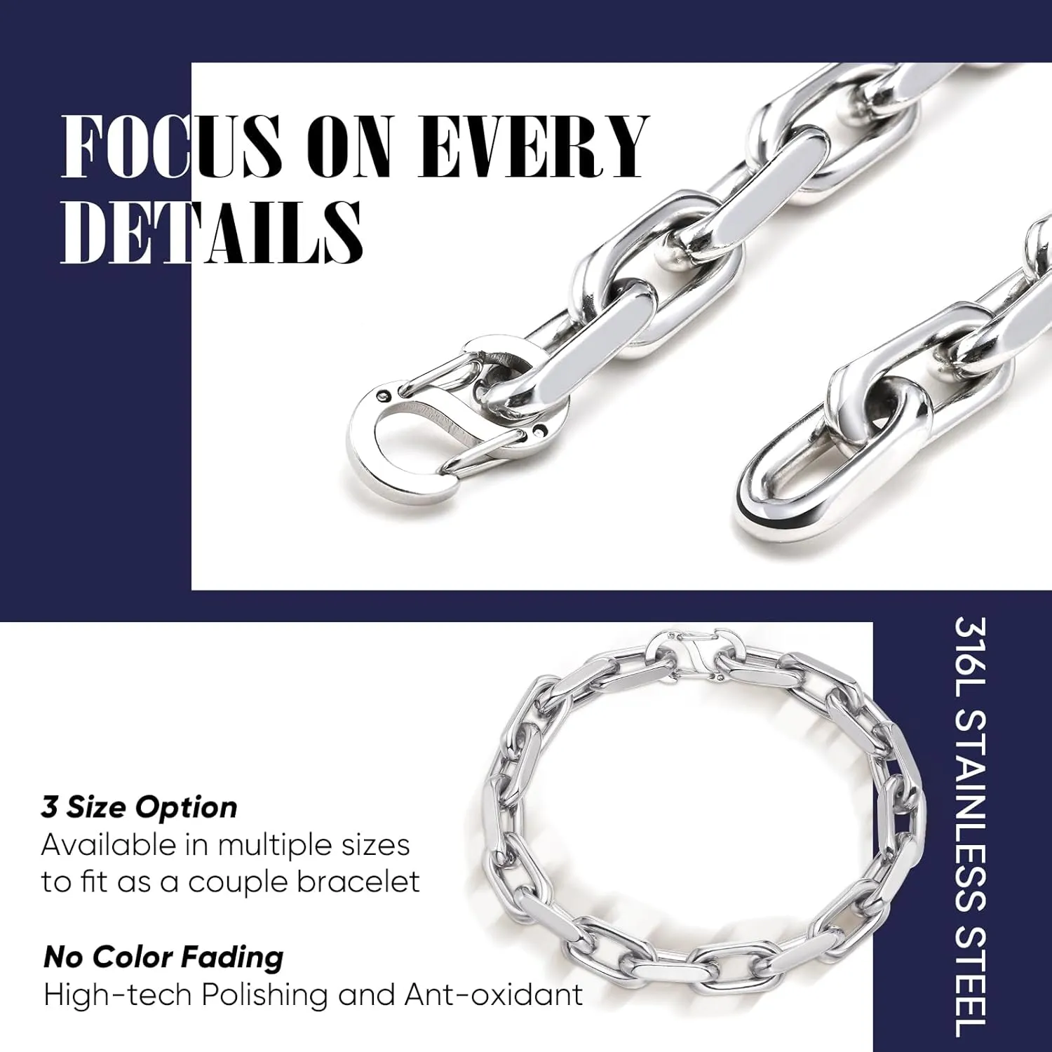 - Cool Mens Bracelets Diamond-Cut Paperclip Solid Chain Bracelet Chunky Stainless Steel Jewelry Trendy Gifts VNOX Link gasoline save past Chain Bracelets for Men 