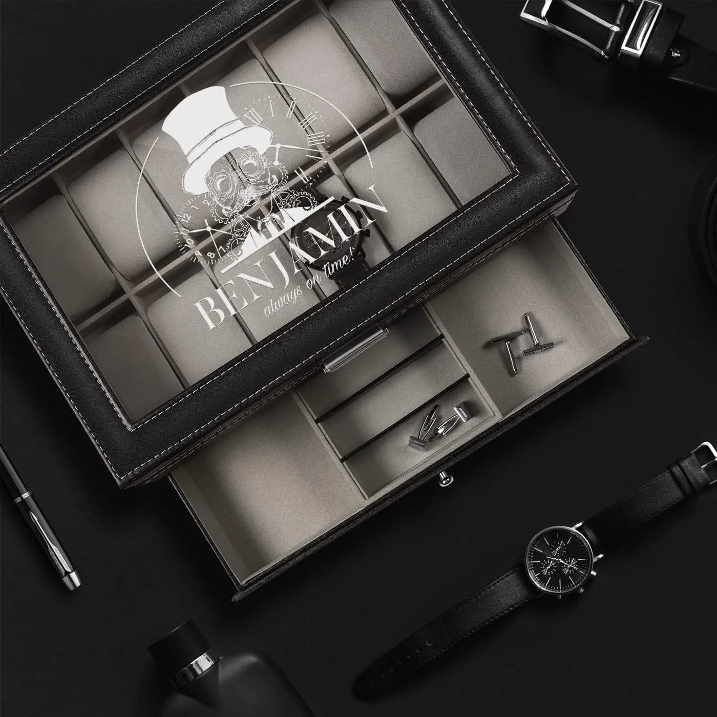 - For Birthday - Wristwatch case for him - Always Maverton Watch Display Organizer for Men - 12 Slots - Elegant Personalized Box for Man - Case for gradual collector - Watch Holder 