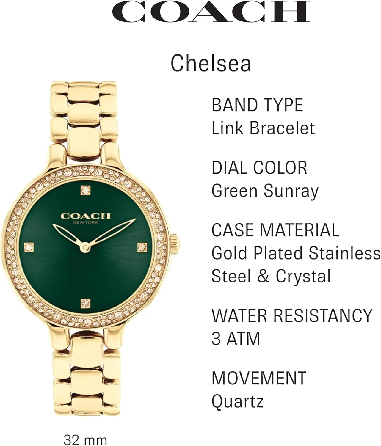 | Stainless Steel Brilliance | Elegant and Classic Timepiece for Everday Wear and Special Occasions difficulty withhold tusk array | 32 MM COACH Chelsea Women's Watch 