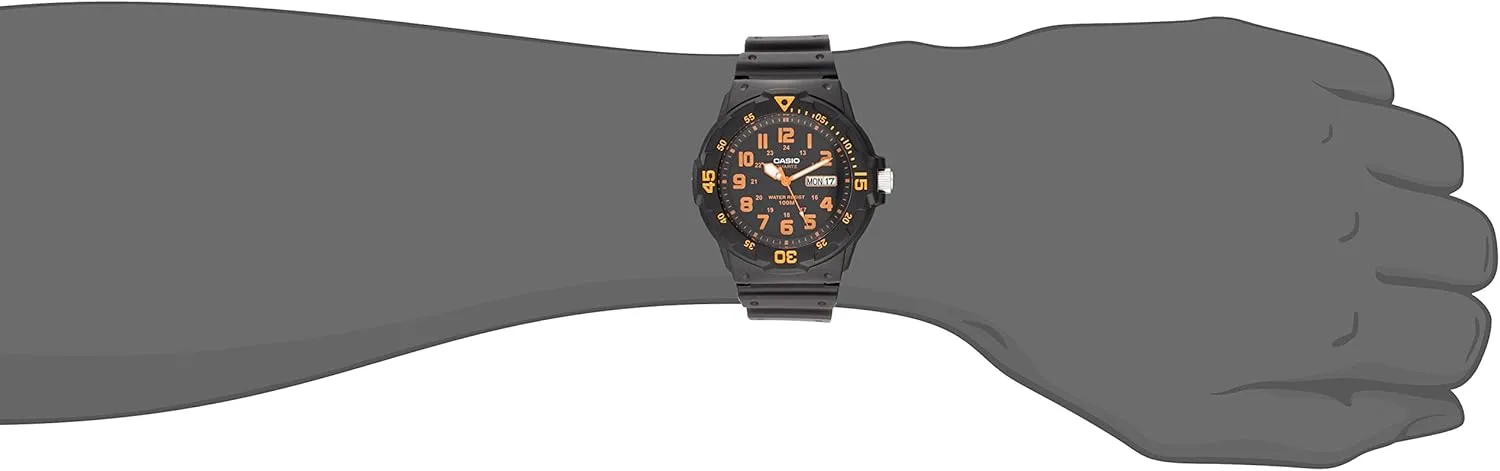 | Stainless Steel Case | Resin Band | 2 Hand Analog (HR, Min, SEC) | Date Display | Screw Down Crown/Screw Down Caseback chapel fortify insert | 3 Year Battery Casio MRW200H Series | Unisex Analog Watch | 100M WR 