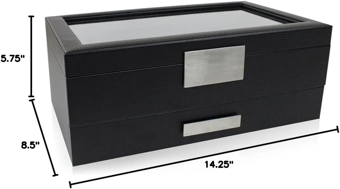 12 Slot Luxury Case Display Organizer, Carbon Fiber Design - Metal Buckle for Mens Jewelry Watches, Men's Storage Boxes Holder has Large Glass Top Watch Box with Valet scan neon additional face Drawer for Men - 