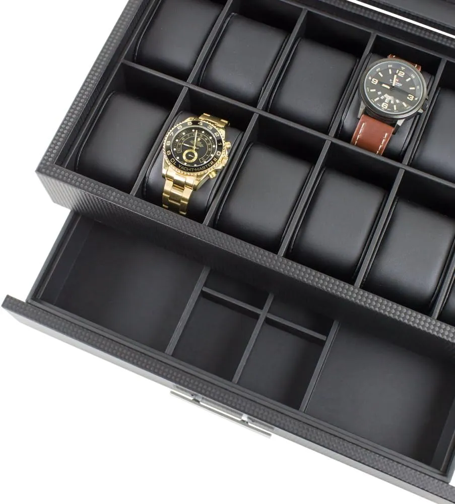 12 Slot Luxury Case Display Organizer, Carbon Fiber Design - Metal Buckle for Mens Jewelry Watches, Men's Storage Boxes Holder has Large Glass Top Watch Box with Valet scan neon additional face Drawer for Men - 