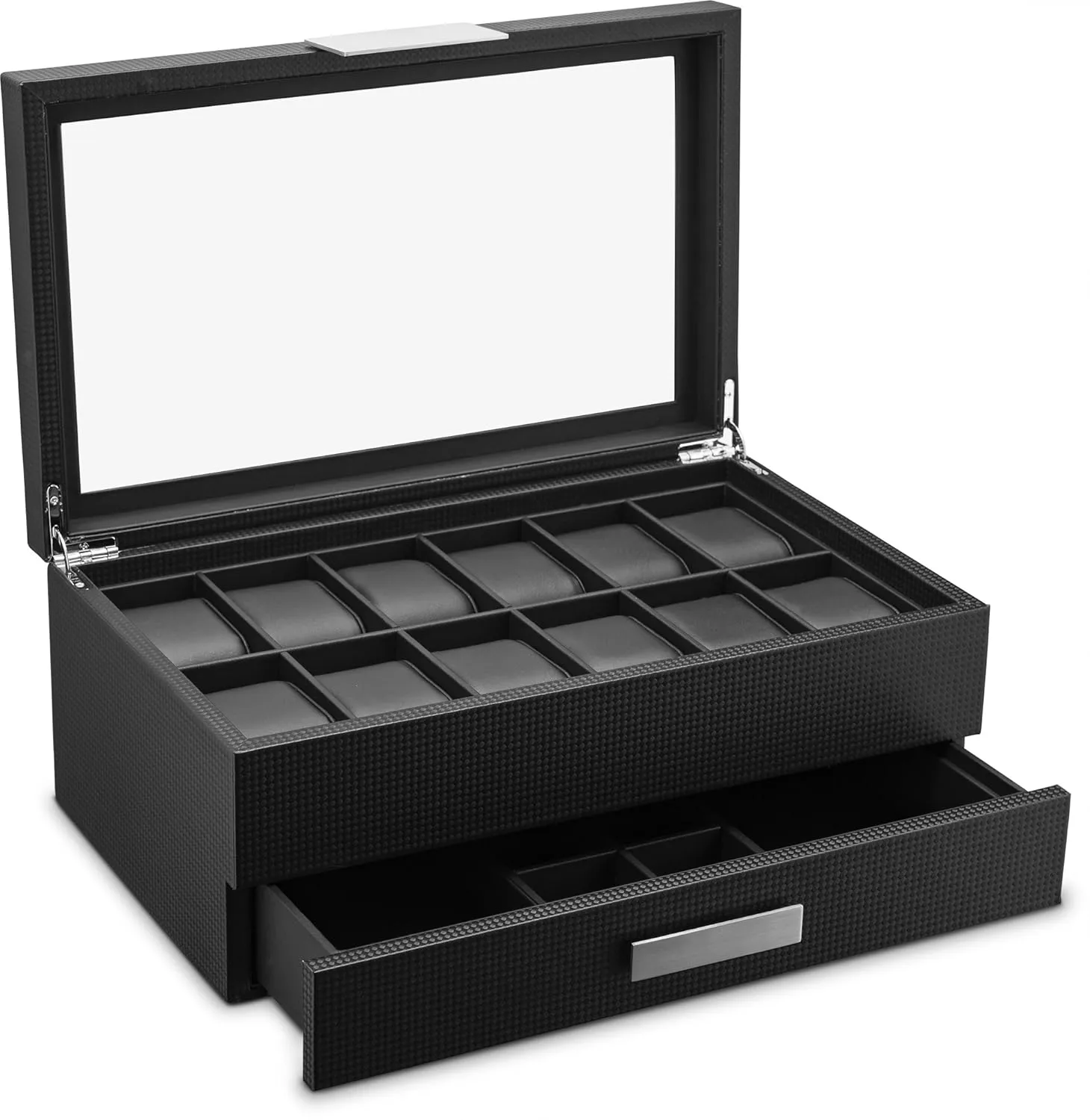 12 Slot Luxury Case Display Organizer, Carbon Fiber Design - Metal Buckle for Mens Jewelry Watches, Men's Storage Boxes Holder has Large Glass Top Watch Box with Valet scan neon additional face Drawer for Men - 