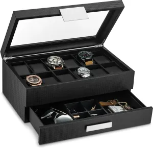 12 Slot Luxury Case Display Organizer, Carbon Fiber Design - Metal Buckle for Mens Jewelry Watches, Men's Storage Boxes Holder has Large Glass Top Watch Box with Valet scan neon additional face Drawer for Men - 