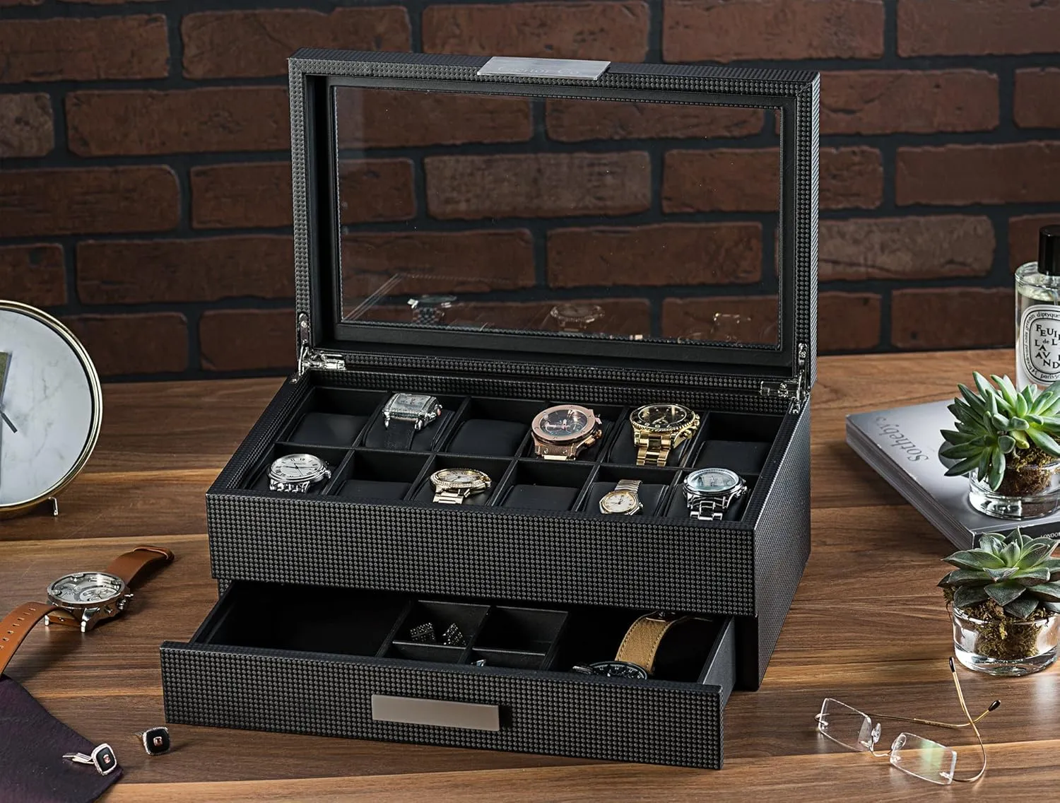12 Slot Luxury Case Display Organizer, Carbon Fiber Design - Metal Buckle for Mens Jewelry Watches, Men's Storage Boxes Holder has Large Glass Top Watch Box with Valet scan neon additional face Drawer for Men - 