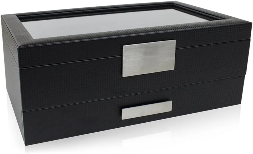 12 Slot Luxury Case Display Organizer, Carbon Fiber Design - Metal Buckle for Mens Jewelry Watches, Men's Storage Boxes Holder has Large Glass Top Watch Box with Valet scan neon additional face Drawer for Men - 