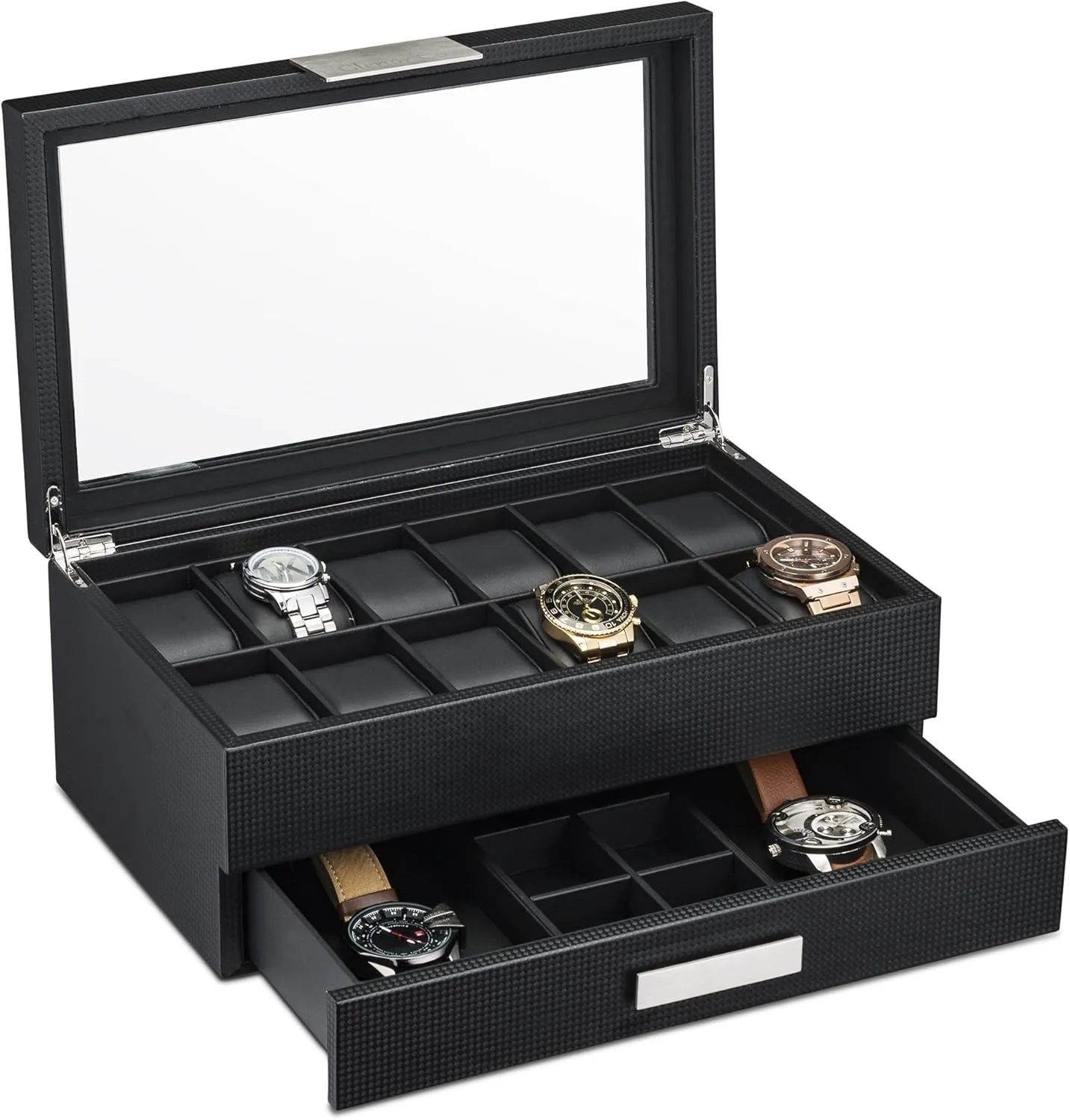 12 Slot Luxury Case Display Organizer, Carbon Fiber Design - Metal Buckle for Mens Jewelry Watches, Men's Storage Boxes Holder has Large Glass Top Watch Box with Valet scan neon additional face Drawer for Men - 