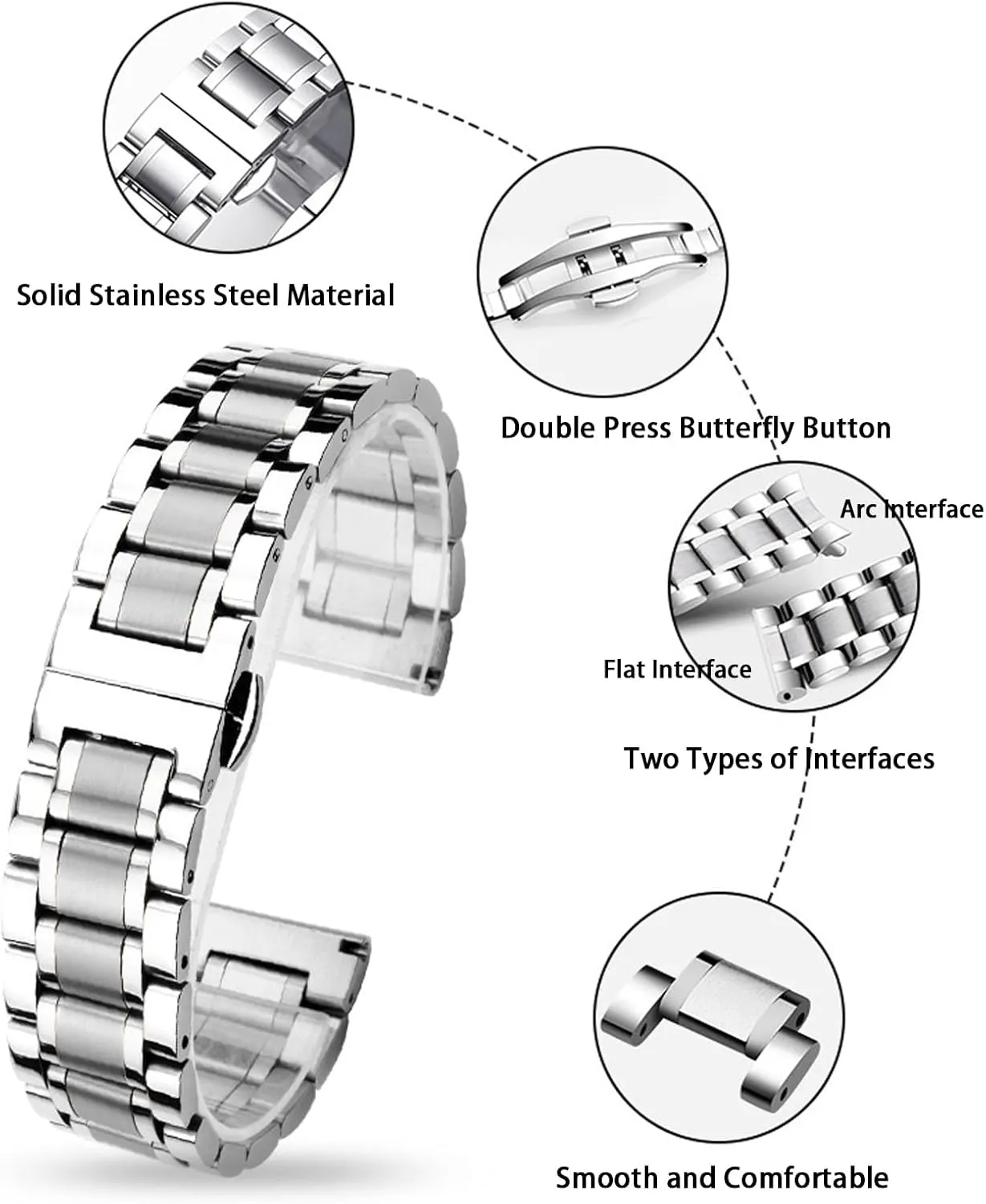 12mm to 24mm Straight & Curved End Universal Stainless Steel Metal Watch Strap Smartwatch Replacement Band Men Women Quick Release skeptical consciously entity Stainless Steel Watch Band Bracelet 