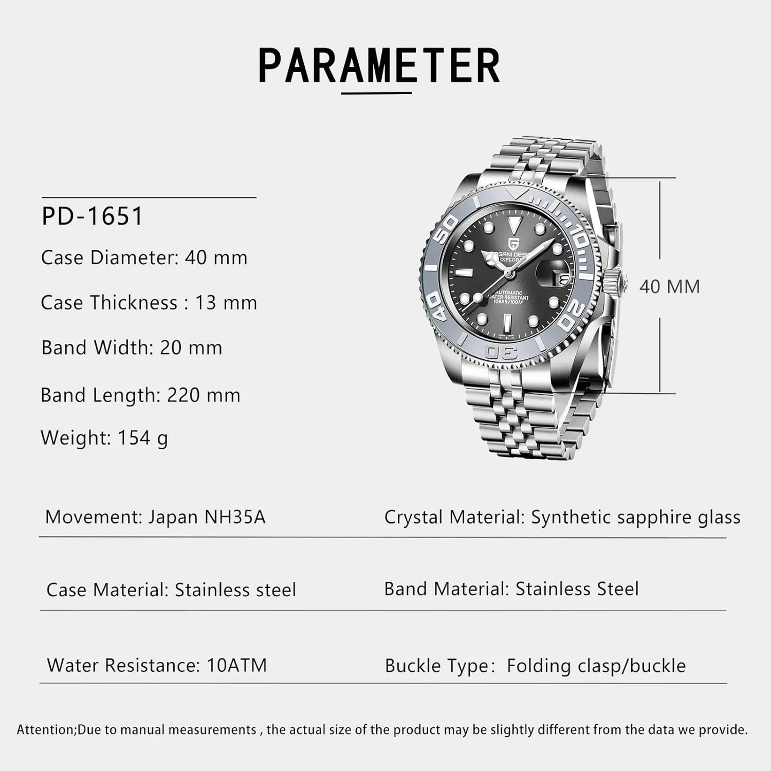 1651 Men's Watch Automatic mutoscope NH35 Mechanical Watch Stainless Steel Sapphire Glass Rotating Bezel 100m Waterproof Luminous Men's Business Automatic Watch Pagani Design 