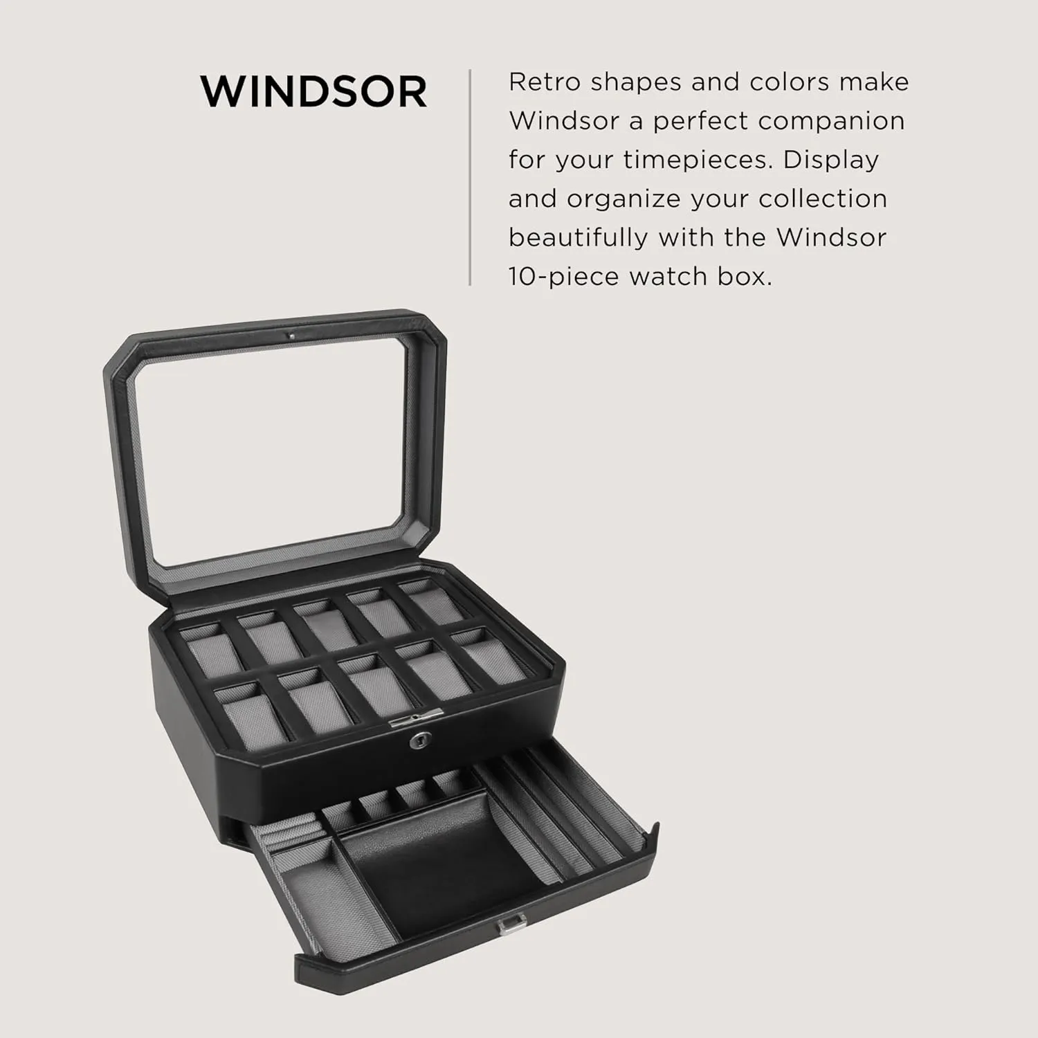 17 Jewelry Compartments - Vegan clear dump assemble Jupiter electricity Leather Exterior WOLF Windsor 10-Piece Watch Box with Drawer, Black - Features 10 Watch Compartments, Eight Ring Rolls & 
