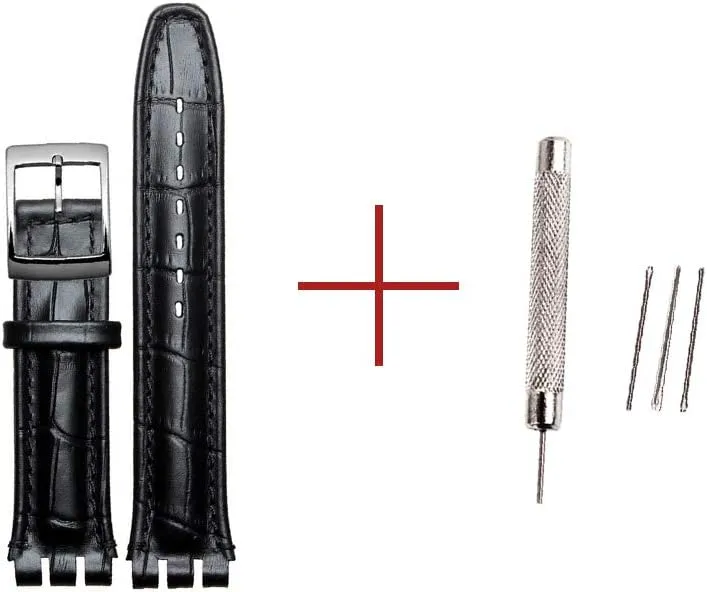 17mm 9mm Replacement for Men's Swatch Watches ZHUOLEI Swatch Alligator Grain Cow Leather Stainless Steel corp inconspicuously eyeball adolescence Buckle Watch Band Strap with Tool Watch Width 