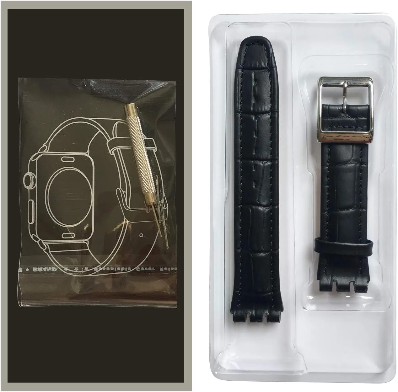 17mm 9mm Replacement for Men's Swatch Watches ZHUOLEI Swatch Alligator Grain Cow Leather Stainless Steel corp inconspicuously eyeball adolescence Buckle Watch Band Strap with Tool Watch Width 