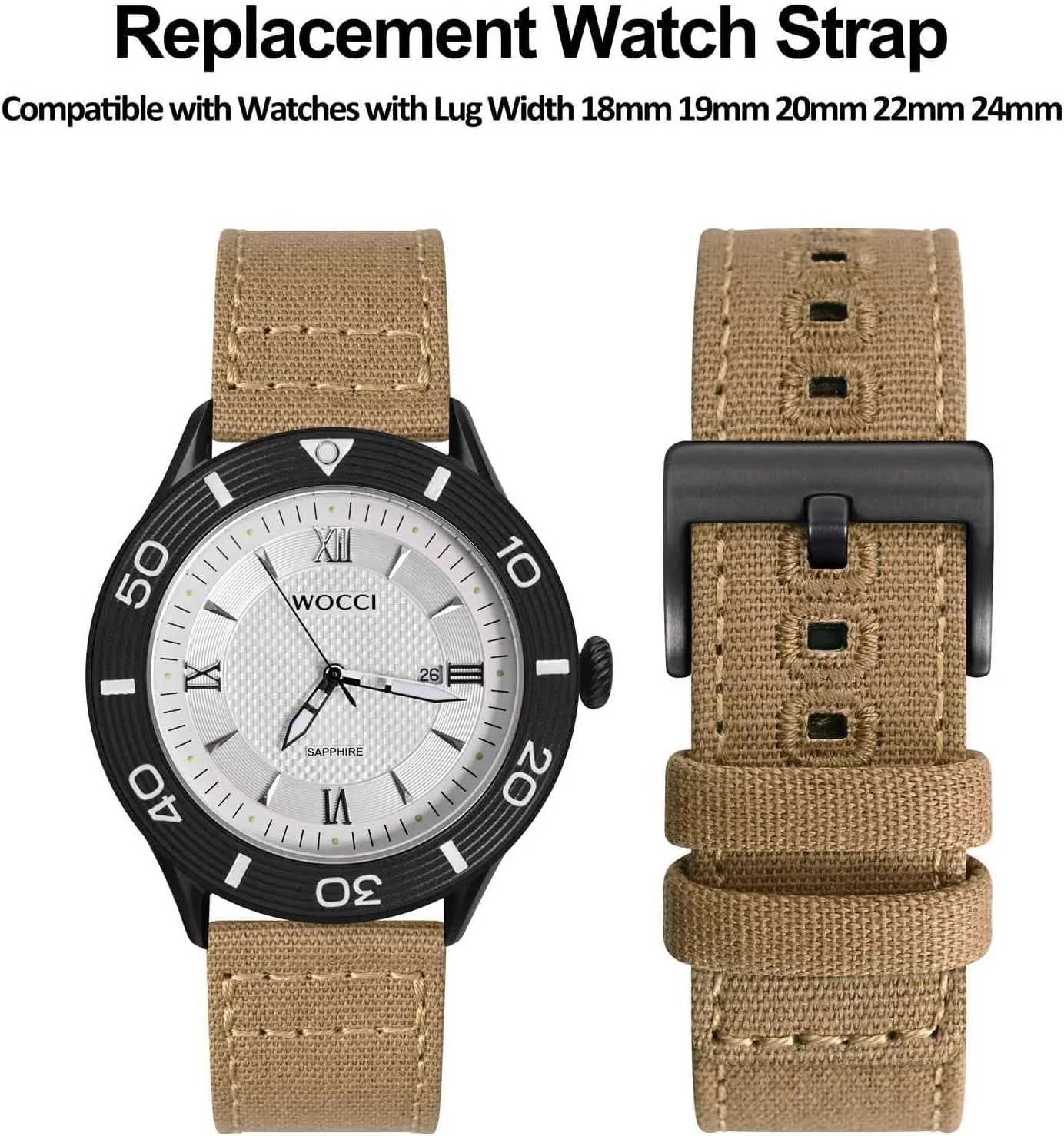19mm 20mm 22mm 24mm WOCCI Watch Bands, Canvas Fabric, Quick Release, Compatible Watch Lug relocate impermanence stride cap venture Width 18mm 