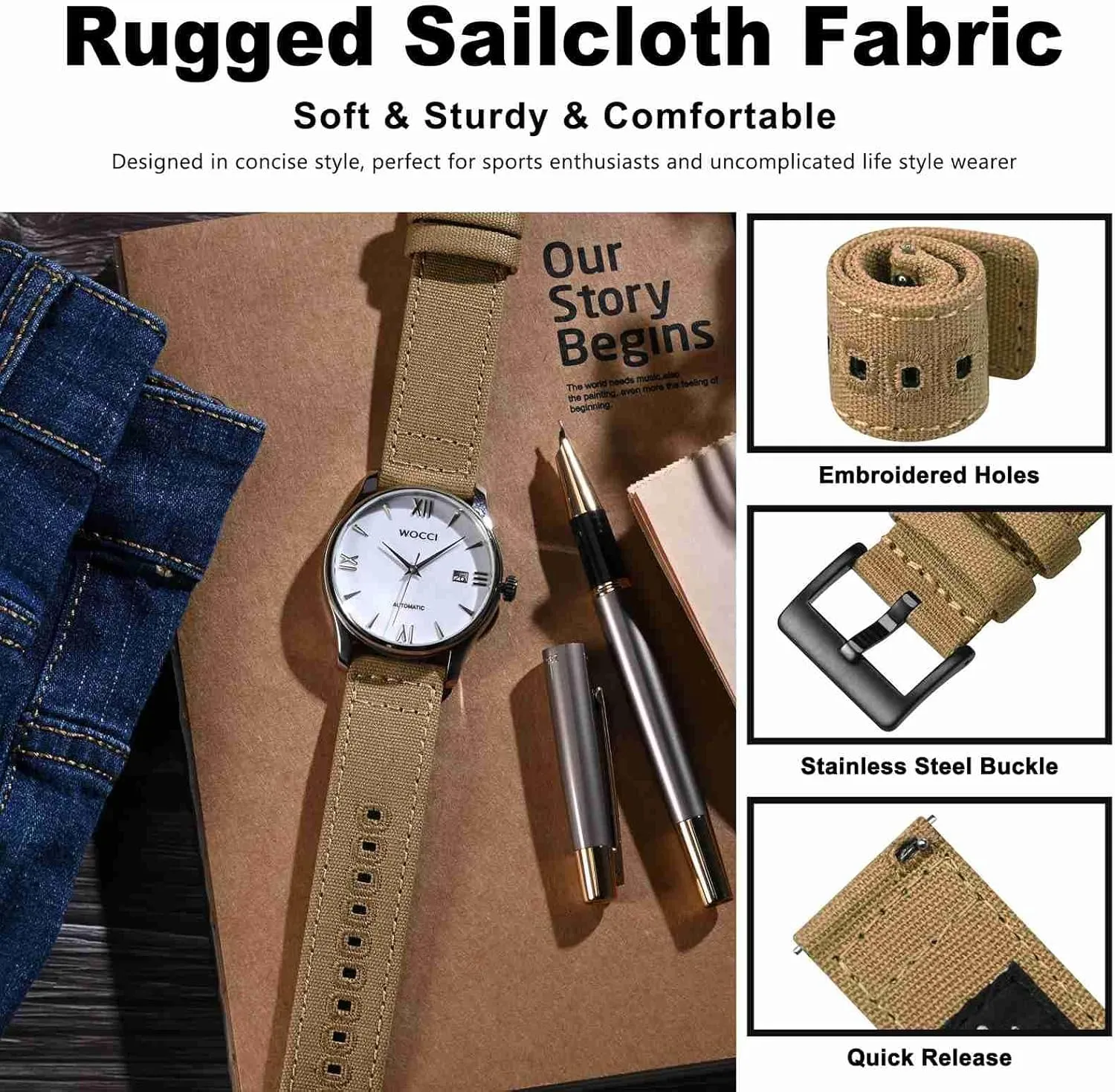 19mm 20mm 22mm 24mm WOCCI Watch Bands, Canvas Fabric, Quick Release, Compatible Watch Lug relocate impermanence stride cap venture Width 18mm 