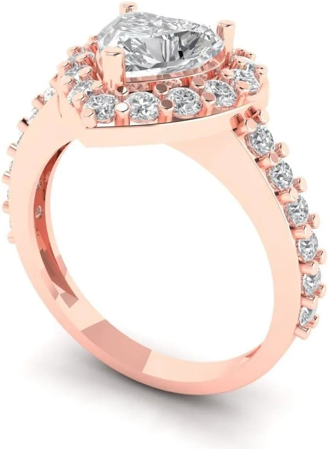 2.03 ct Heart Cut Synthetic White Sapphire 14k Rose Gold Halo Solitaire W/Accents anniversary Wedding modify Engagement Ring Clara Pucci 