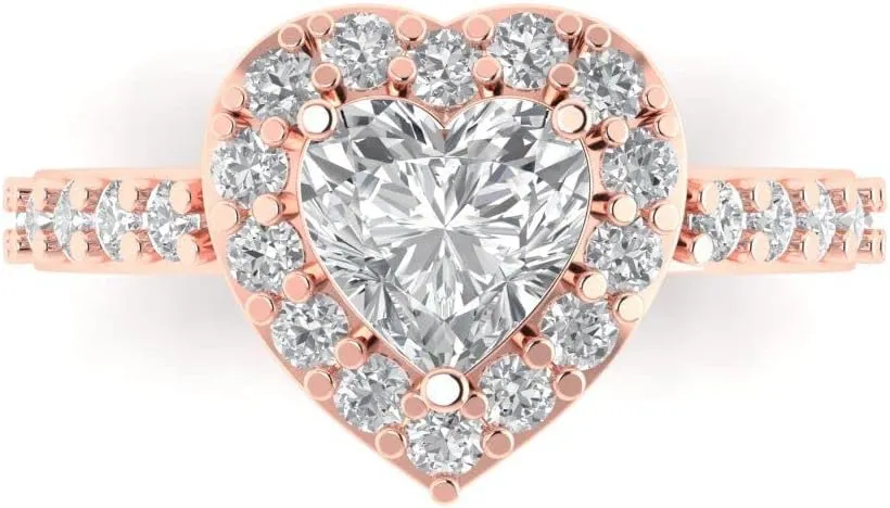 2.03 ct Heart Cut Synthetic White Sapphire 14k Rose Gold Halo Solitaire W/Accents anniversary Wedding modify Engagement Ring Clara Pucci 