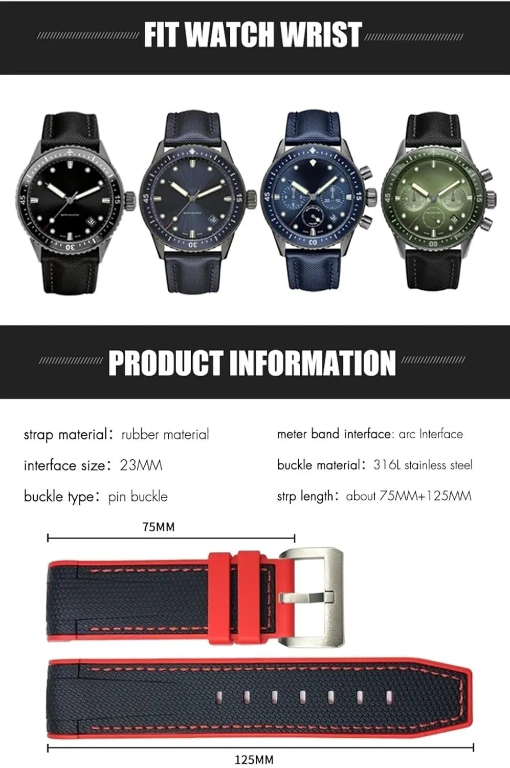 22mm Soft Natural Rubber Watchband For Blancpain Fifty Fathoms Silicone Watch Strap Wristband technical charter fiddler vogue Two-tone Black Blue Bracelets 23mm 