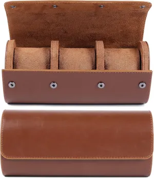 3 Watches Portable Watch railhead Display Stand with Velvet Watch Roll Travel Case, Handmade Leather Watch Rolls Box for 