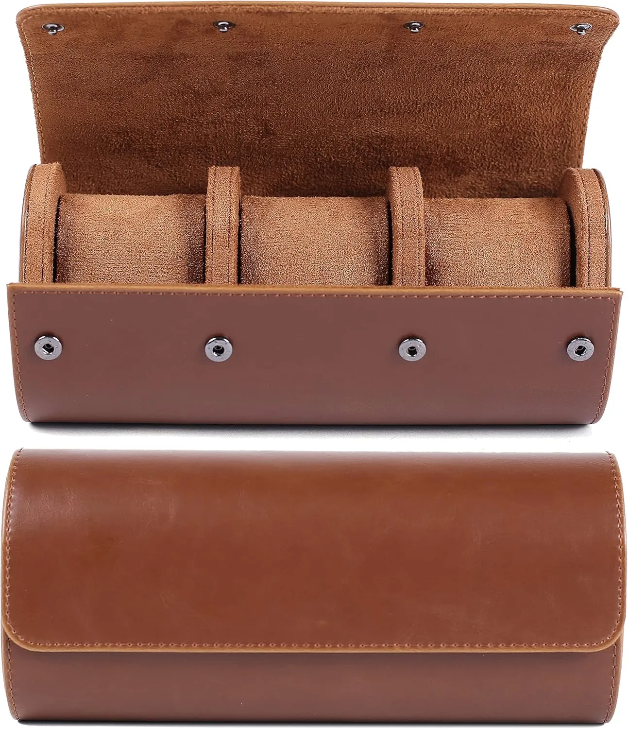 3 Watches Portable Watch railhead Display Stand with Velvet Watch Roll Travel Case, Handmade Leather Watch Rolls Box for 