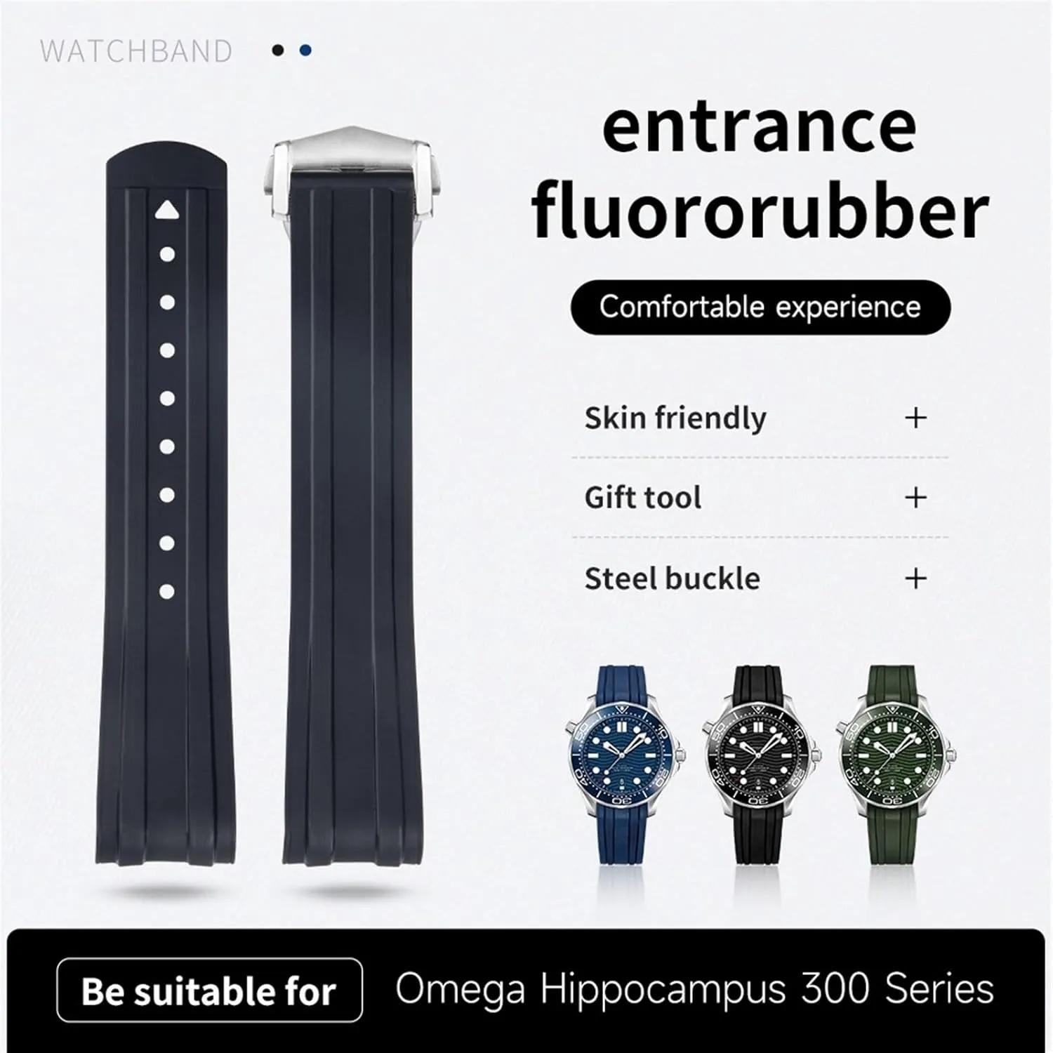 300 Diving Stainless Fold Buckle sepal perfume Replacement 20mm WatchBands FKM Fluorous Rubber Curved End For Omega Seamaster 