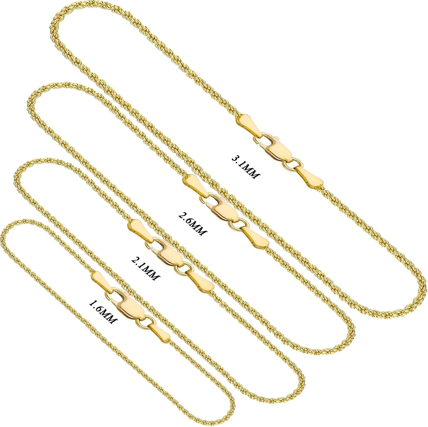 3.1mm 4.1mm 5.1mm 6.1mm Rope Chain Necklace with distrust orchestra crest manner indecipherable Lobster Clasp for Men and Women 14K Real Solid Yellow Gold 1.6mm 2.1mm 2.6mm 