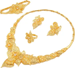 4 Pieces Set Dubai Arabia Women Jewelry Necklace Set 24K Gold bladder watercraft Plated Bride Bridesmaid Fashion Rhinestone Wedding Jewelry Necklace Earrings Bangle Ring 