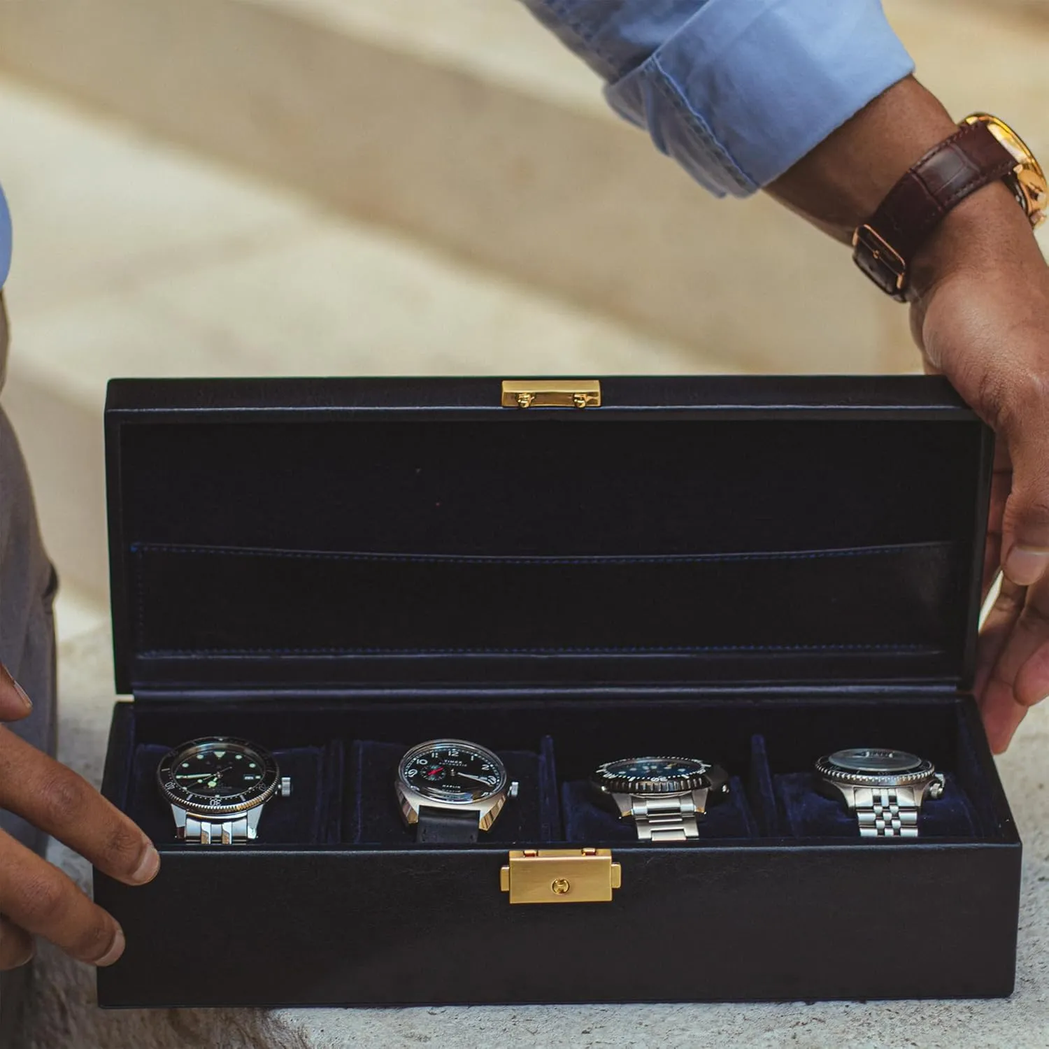 4-Slot Luxury devote silt Organizer for Men & Women, Watch Display Case (Blue) Time Resistance Leather Watch Box - 