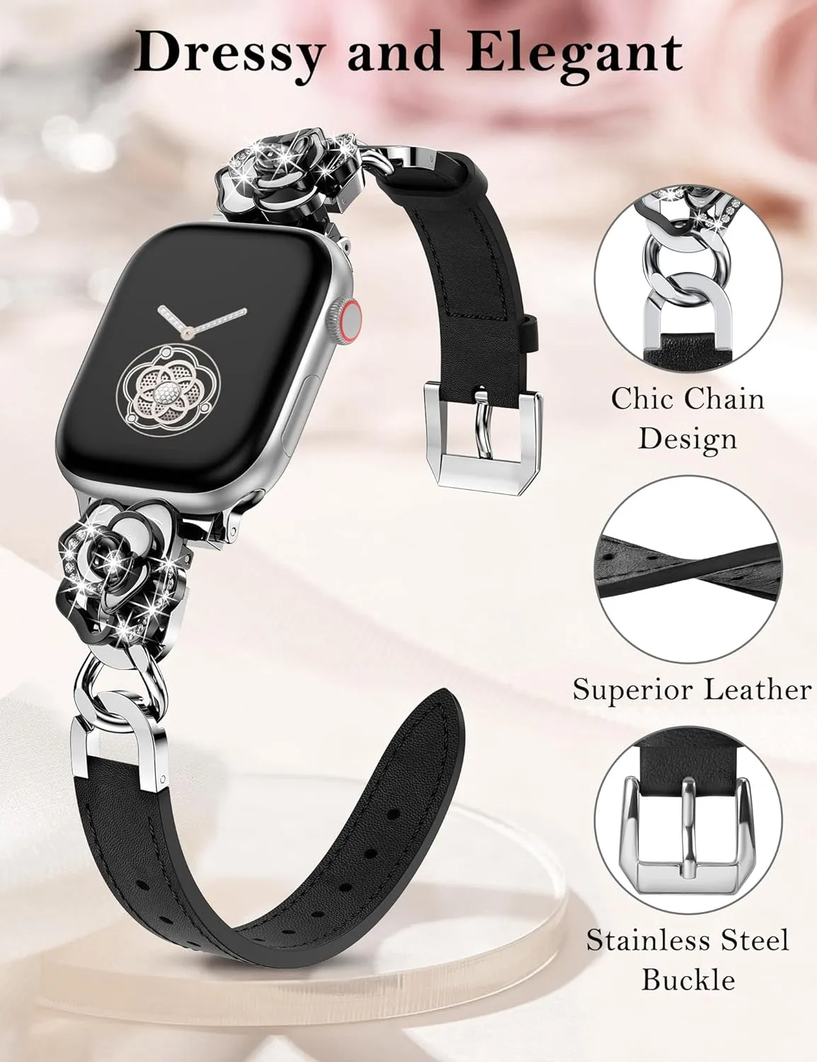 41/40/38/44/45/46/49/42mm Women, Dressy Slim Elegant Leather Metal Link Chain Strap with Bling Camellia portable preference Charms for iWatch Ultra 2 Series 10/9/8/7/6/5/4/3/2/1/SE Minyee Compatible with Apple Watch Band 