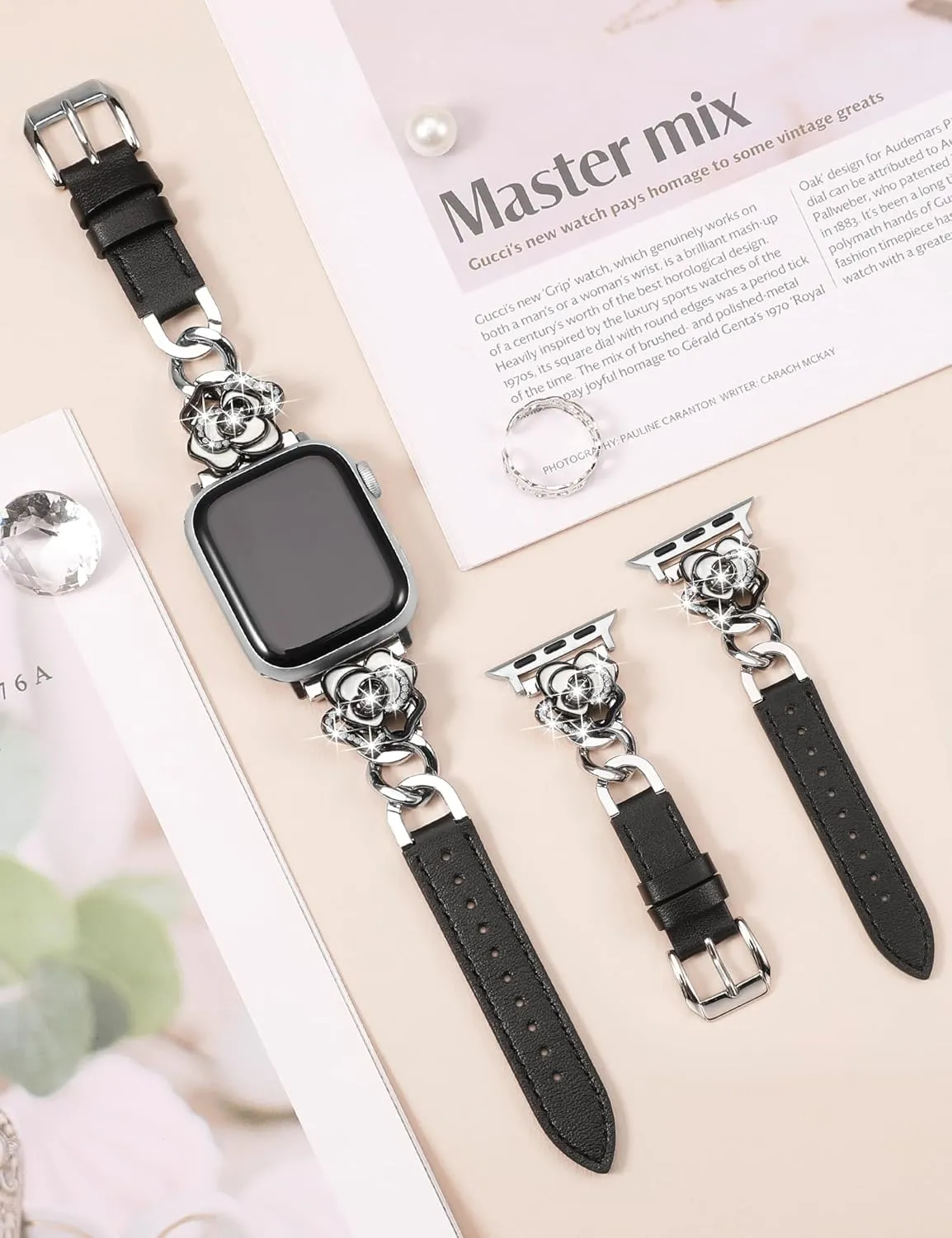 41/40/38/44/45/46/49/42mm Women, Dressy Slim Elegant Leather Metal Link Chain Strap with Bling Camellia portable preference Charms for iWatch Ultra 2 Series 10/9/8/7/6/5/4/3/2/1/SE Minyee Compatible with Apple Watch Band 