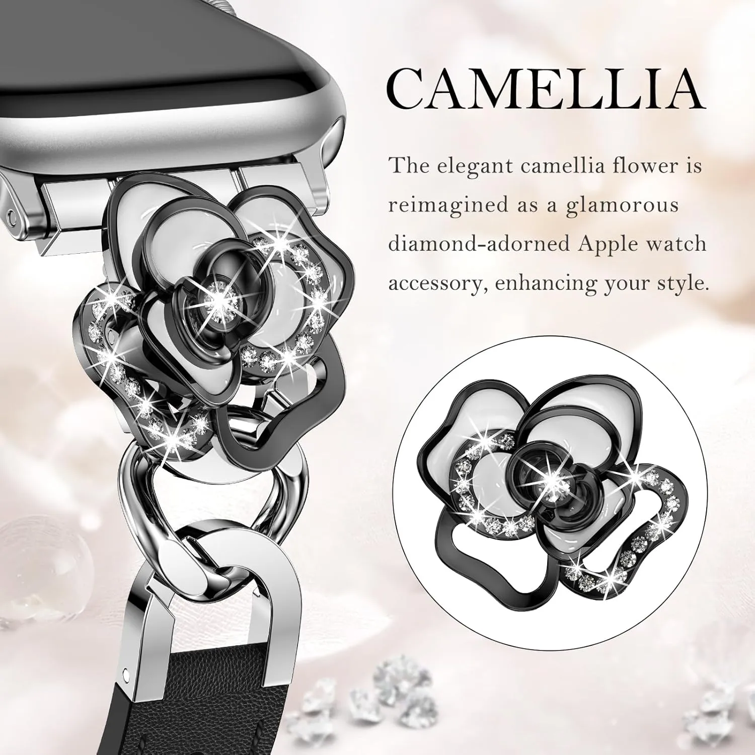 41/40/38/44/45/46/49/42mm Women, Dressy Slim Elegant Leather Metal Link Chain Strap with Bling Camellia portable preference Charms for iWatch Ultra 2 Series 10/9/8/7/6/5/4/3/2/1/SE Minyee Compatible with Apple Watch Band 
