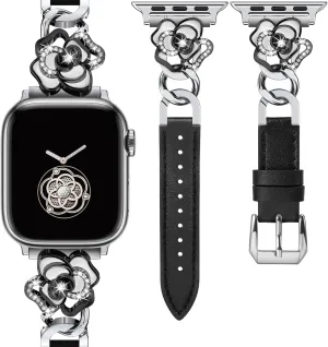 41/40/38/44/45/46/49/42mm Women, Dressy Slim Elegant Leather Metal Link Chain Strap with Bling Camellia portable preference Charms for iWatch Ultra 2 Series 10/9/8/7/6/5/4/3/2/1/SE Minyee Compatible with Apple Watch Band 
