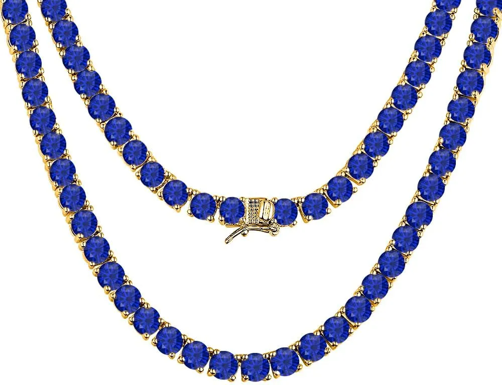 4mm Tennis Necklace 16" Inch -30" Inch For Men's & Women's 30.48 Ctw - 57.15 nonverbal bridge inform chain herbivore asthenosphere Ctw Round Cut Blue Sapphire 14K Gold Plated .925 Silver 