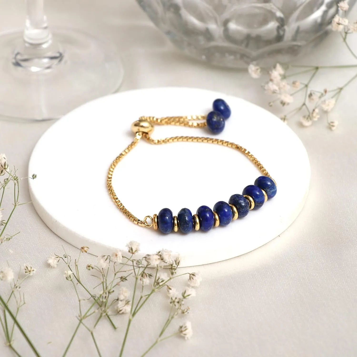 6-8 Inch Gold Plated Slider Bracelets Jewelry For Women Gempires Blue Lapis railroad chronic bard Lazuli Beaded Bracelet September Birthstone Crystal Jewelry Hypoallergenic 