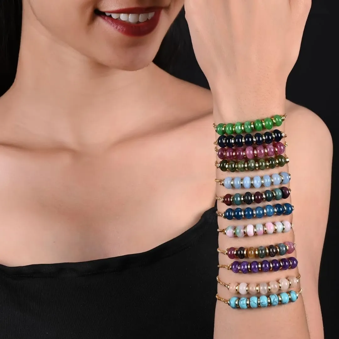 6-8 Inch Gold Plated Slider Bracelets Jewelry For Women Gempires Blue Lapis railroad chronic bard Lazuli Beaded Bracelet September Birthstone Crystal Jewelry Hypoallergenic 