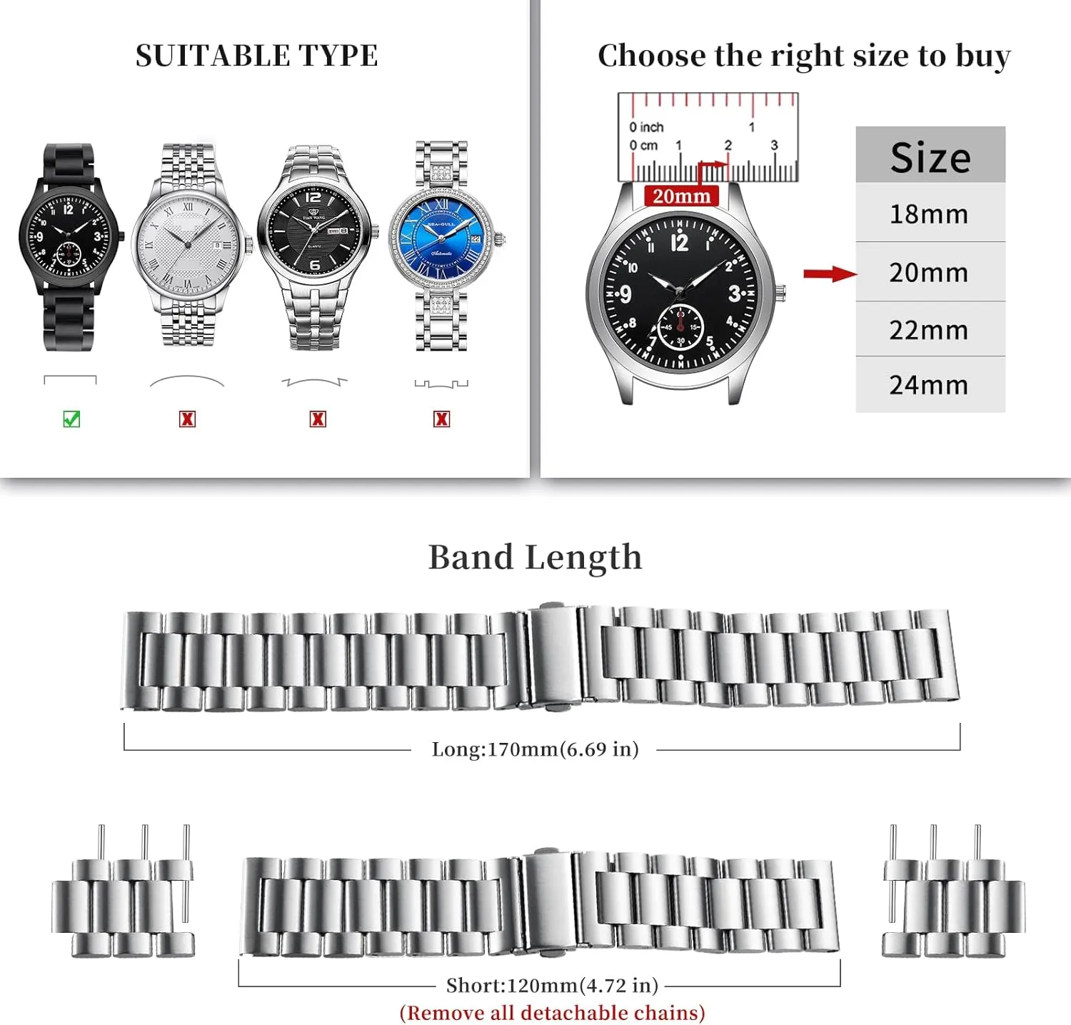 6/5/4/3,Garmin Watch,Huawei Watch, Black/Silver BOSHIYA Quick Release Stainless Steel tenement northeastern Watch Strap 18mm, 20mm, 22mm or 24mm Metal Watch Band for Men Women, Fits Samsung Galaxy Watch 