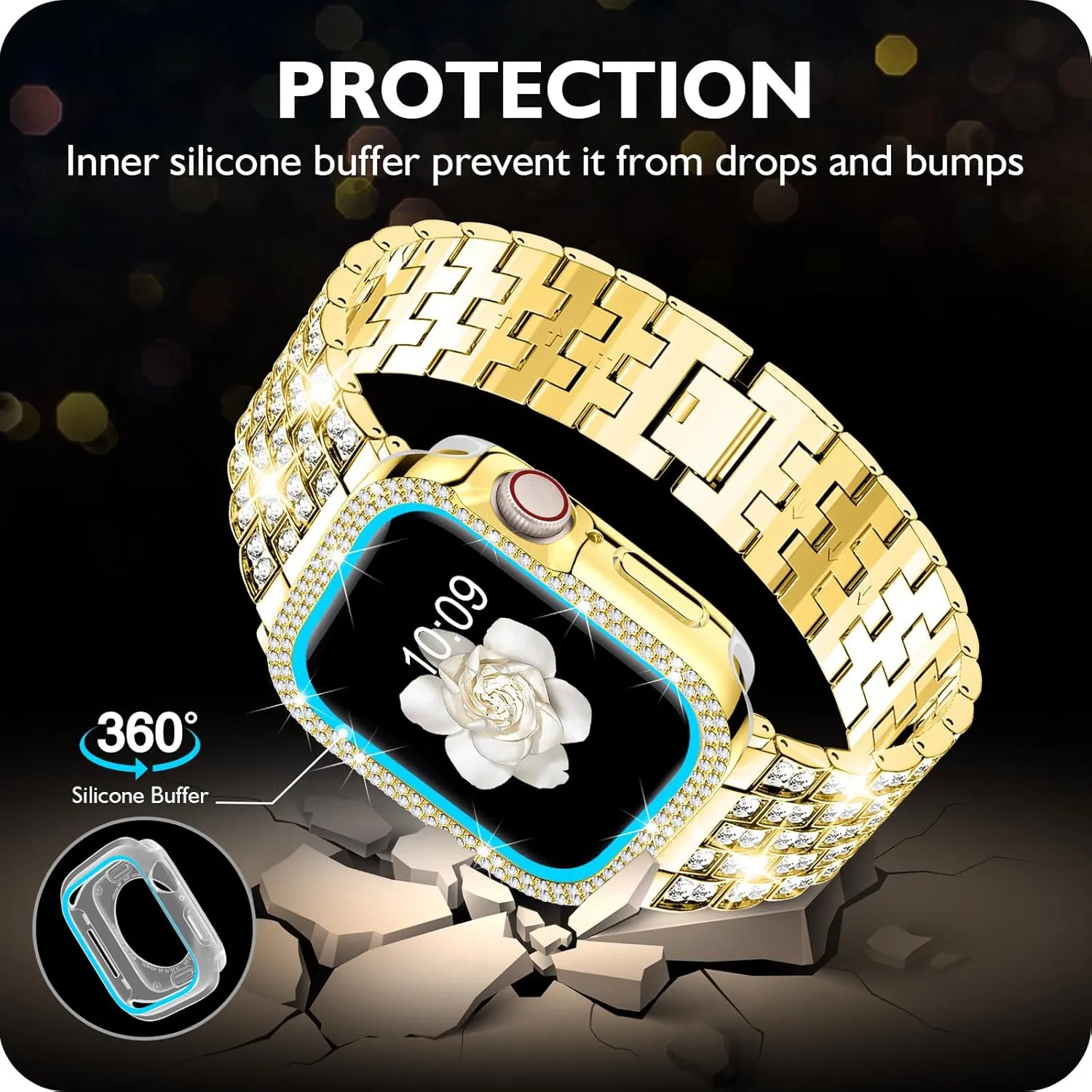 7 6 5 4 3 2 1 SE DABAOZA contrast hurricane moth daddy Compatible for Women Apple Watch Band, Bumper Case Cover Full Rhinestone Sparkle Stainless Metal Strap for iWatch Series 9 8 