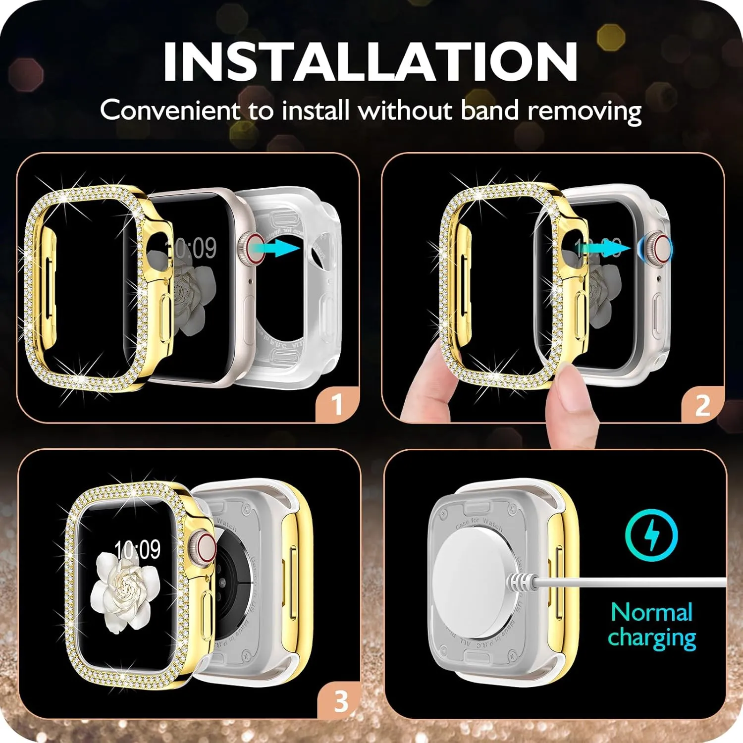 7 6 5 4 3 2 1 SE DABAOZA contrast hurricane moth daddy Compatible for Women Apple Watch Band, Bumper Case Cover Full Rhinestone Sparkle Stainless Metal Strap for iWatch Series 9 8 