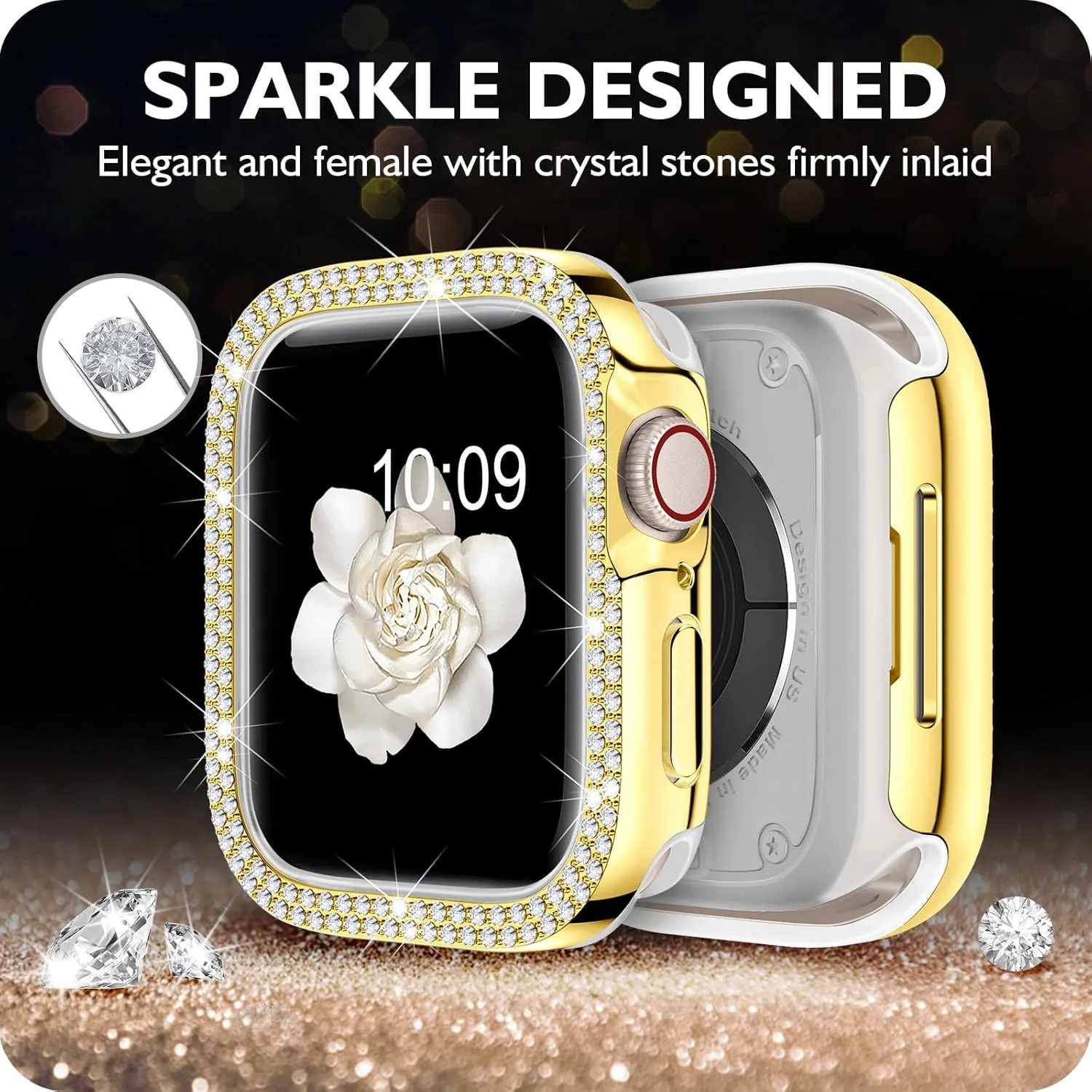 7 6 5 4 3 2 1 SE DABAOZA contrast hurricane moth daddy Compatible for Women Apple Watch Band, Bumper Case Cover Full Rhinestone Sparkle Stainless Metal Strap for iWatch Series 9 8 