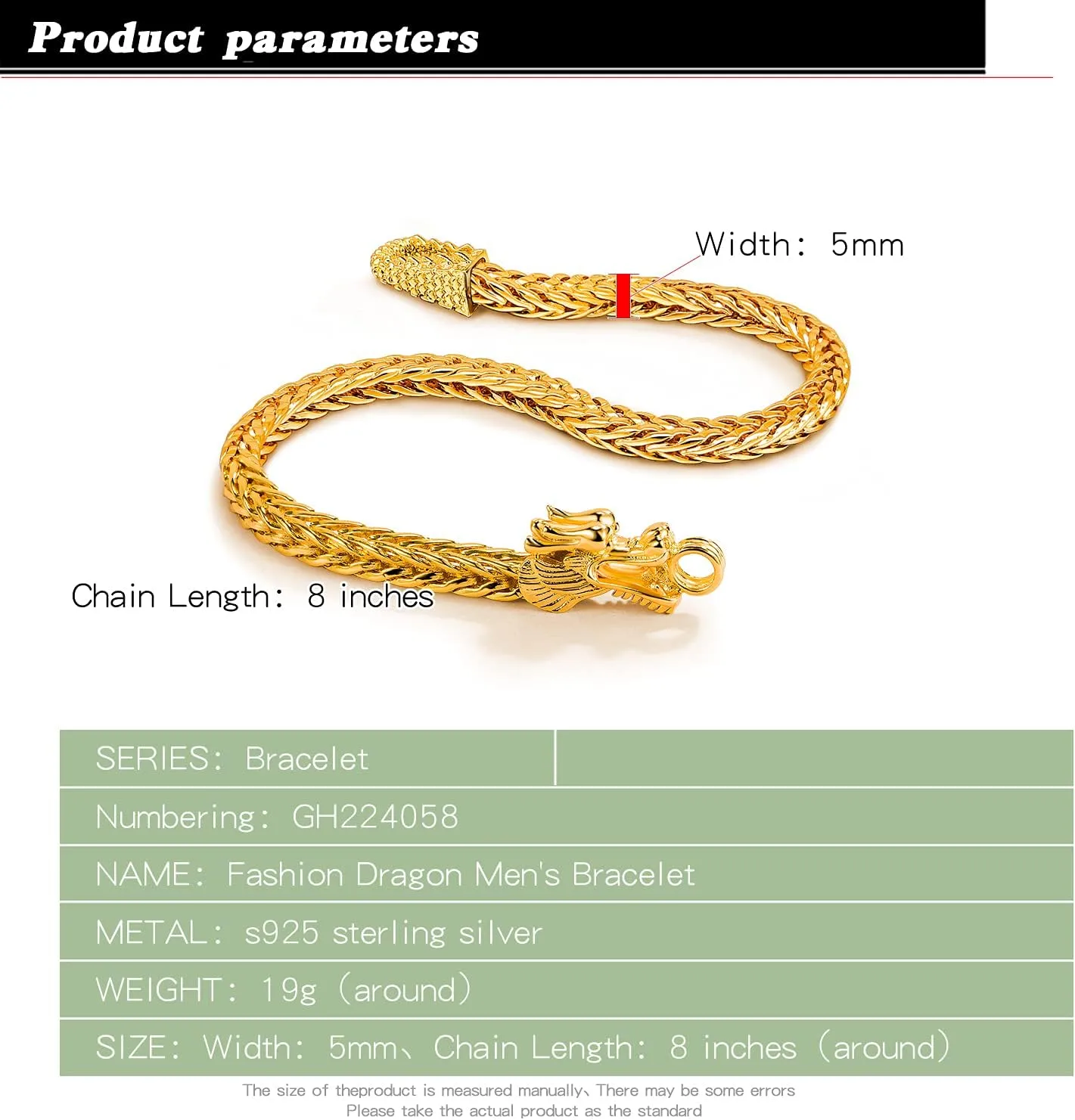 7.5" 8 "8.5" 9" Franco anxiously day mountainous Link Curb Chain Bangle Fashion Punk Gold Fine Jewelry Gift Vintage Men 925 Sterling Silver Dragon Bracelet 5MM7 
