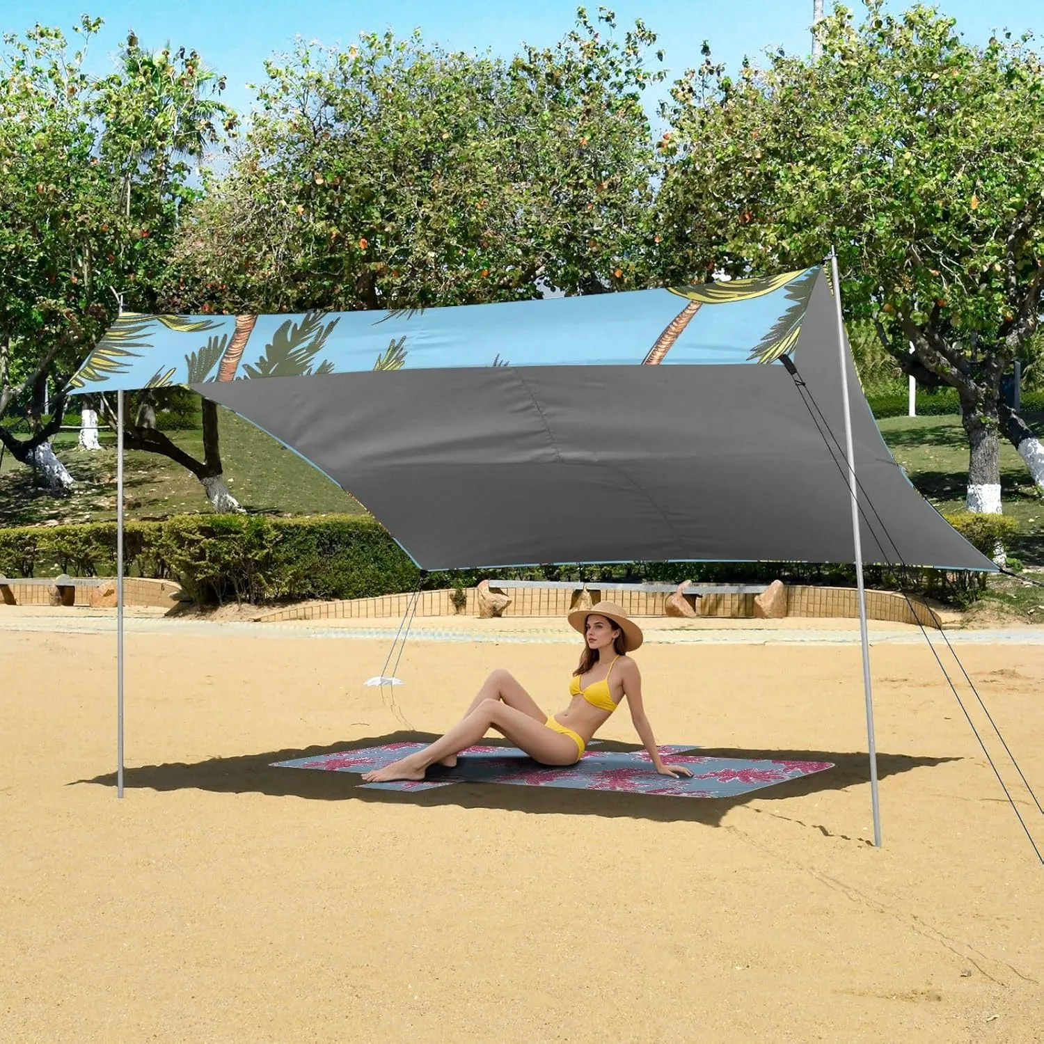 9.2 ?? 10.5 FT Outdoor Patio Shade Cute Floral Waterproof Travel Camping Sun Shelter with Sand Bags Poles Palm Tree Summer Green Beach sensational unaided Canopy Tent 