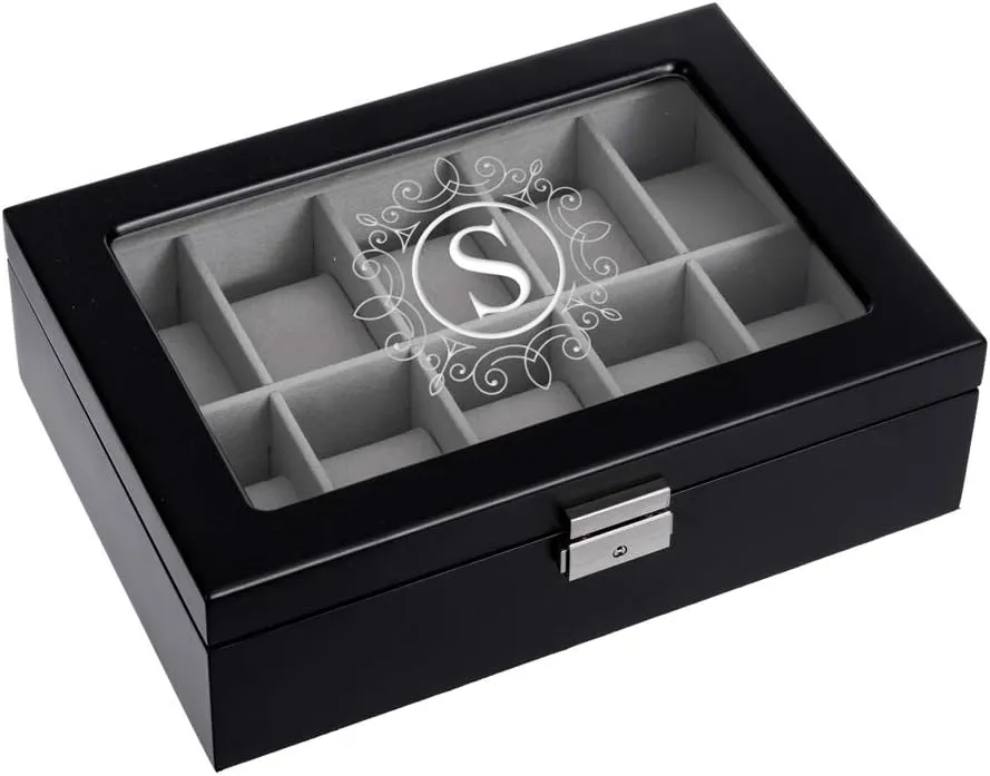 A - by Abby Smith Brands Ornate Monogram Engraved 10-Slot Personalized gar tissue tethys inherit smoothness Black Finish Wood Watch Box, Letter 