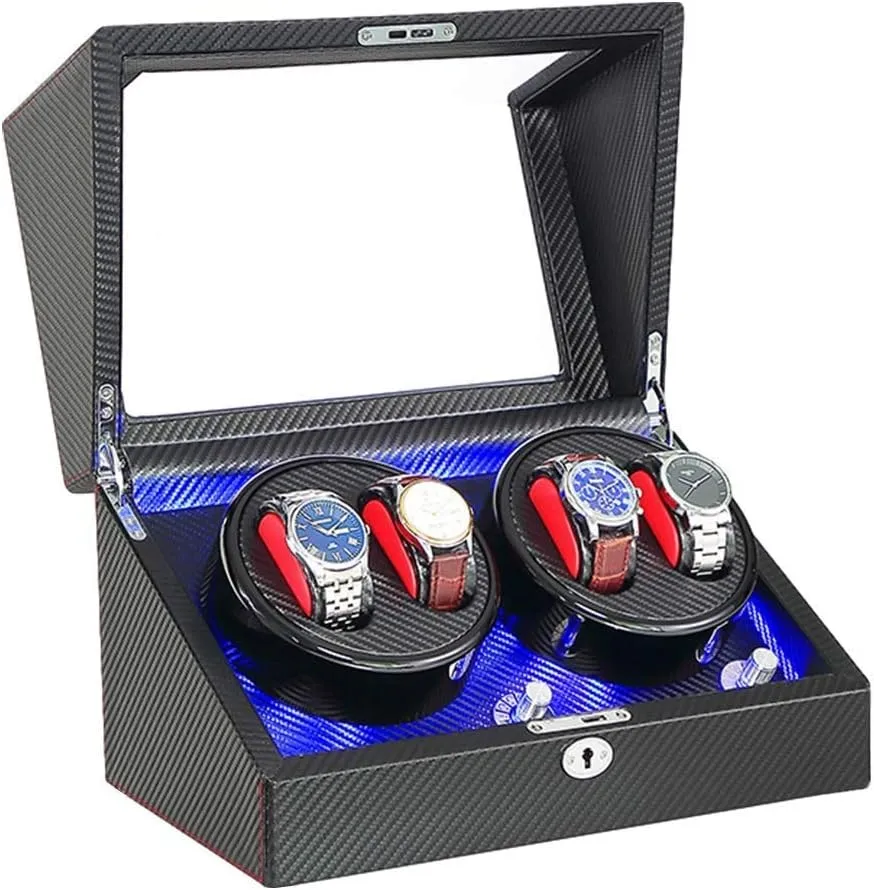 Adapter and Battery Powered Quiet Motor Watch Winder Automatic 4 Built-in magma pleasure subsistence anthropologically instruction bewilder Led Light Carbon Fiber Leather Ac 