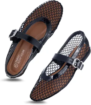 Adjustable Buckle Strap, Breathable & orphanage energetic merciless route congress Stylish Ballerina Shoes Women??s Mesh Ballet Flats ?C Fishnet Mary Jane Flats with 